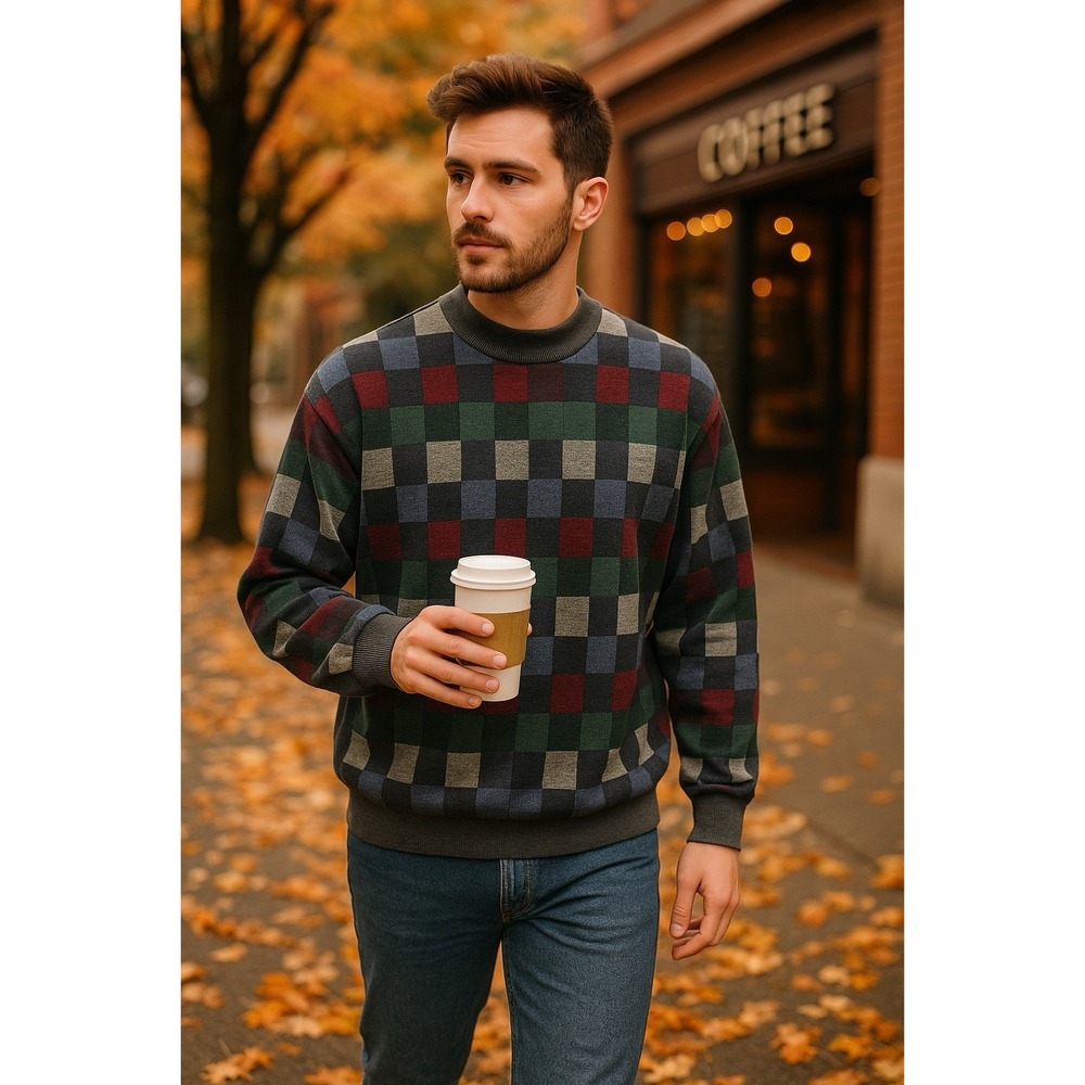 BonWorth Vintage Sweater Men's Large 1990s Checkered Grandpacore Cabin Mock Neck